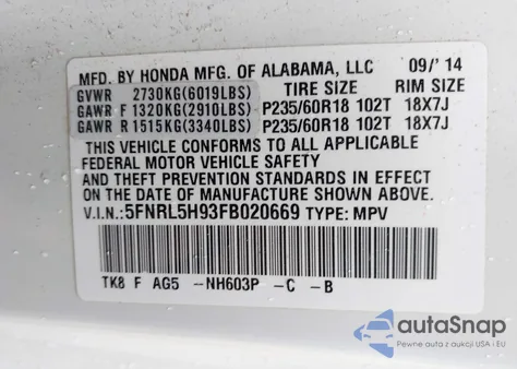 2015 Honda Odyssey Touring/Touring Elite z USA, uszkodzony, nr VIN 5FNRL5H93FB020669